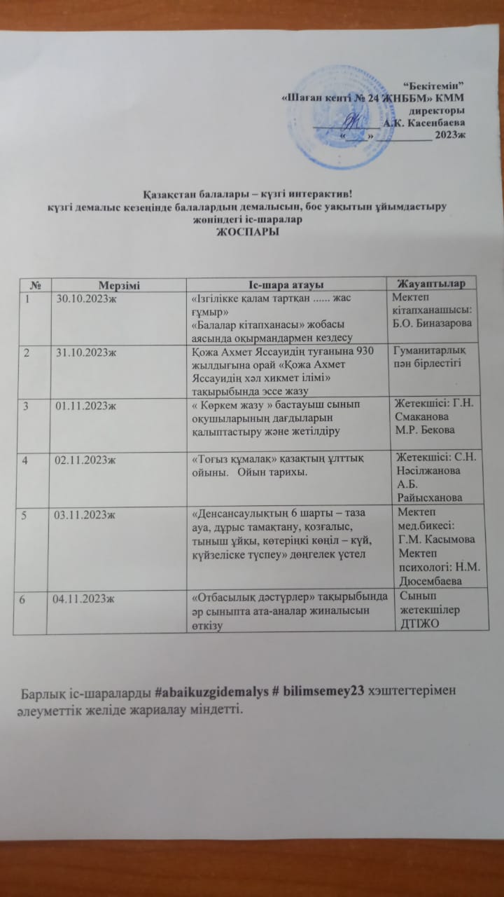 Қазақстан балалары-күзгі интерактив! күзгі демалыс кезеңінде балалардың демалысын, бос уақытын ұйымдастыру жөніндегі іс-шаралар жоспары
